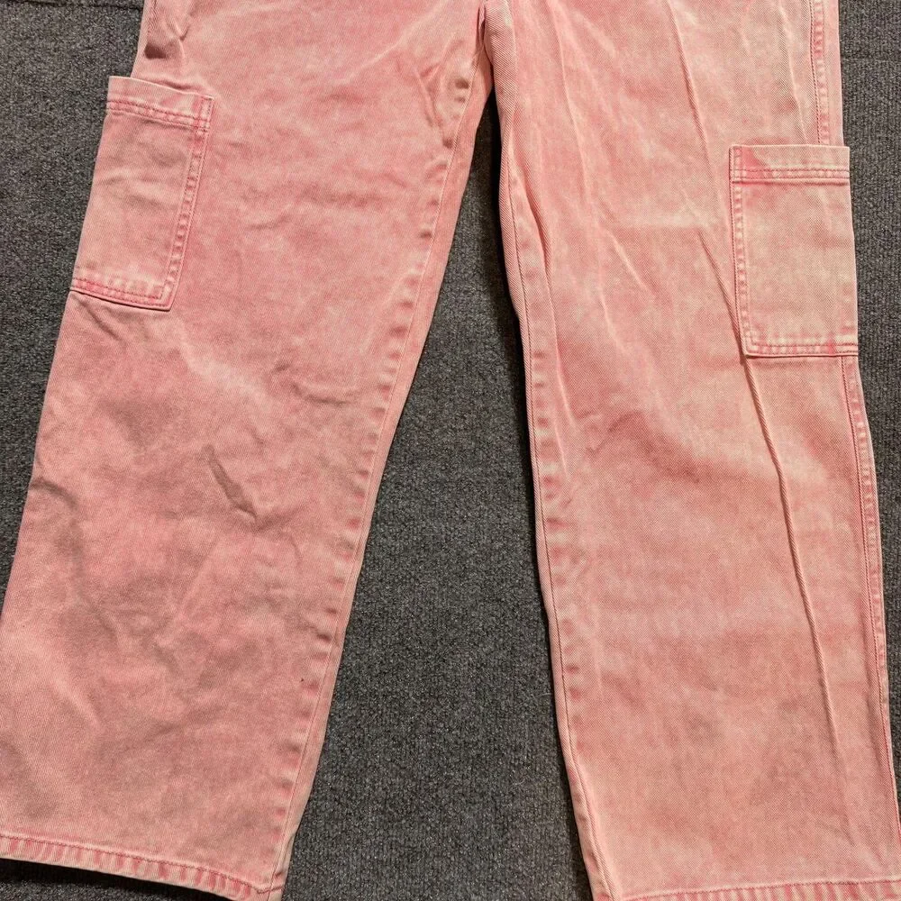 Full Tilt Jeans Women's 32 Pink Light Wash High Rise Straight Cargo Relaxed Fit